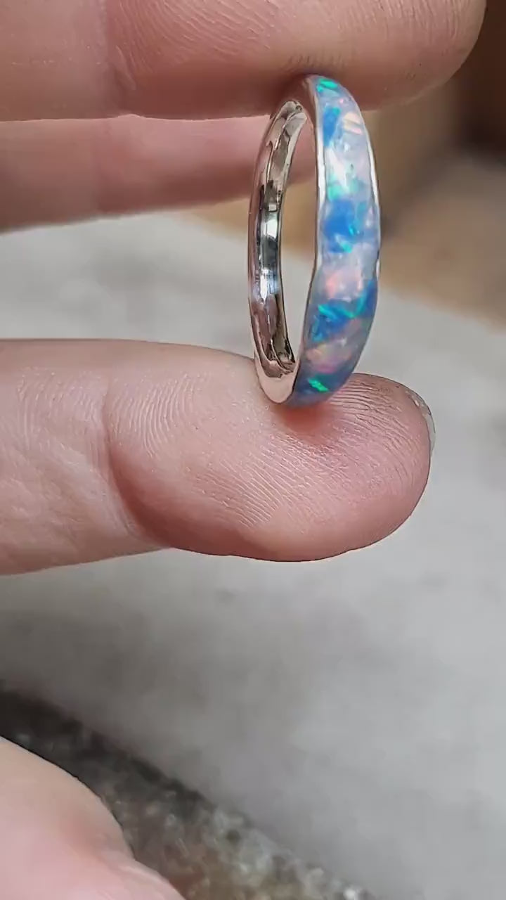 White opal inlay ring, blue opal flake band, unique women wedding ring