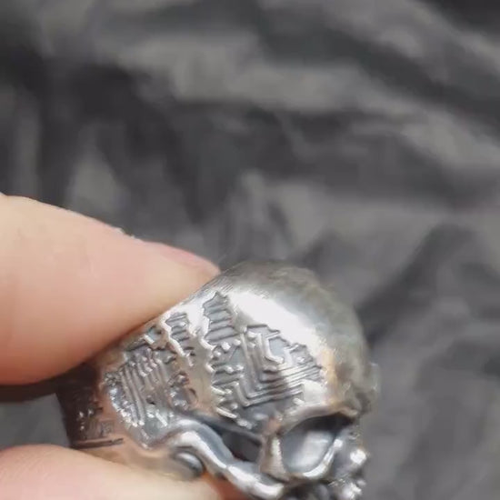 Cyborg skull ring, rocker bicker silver band