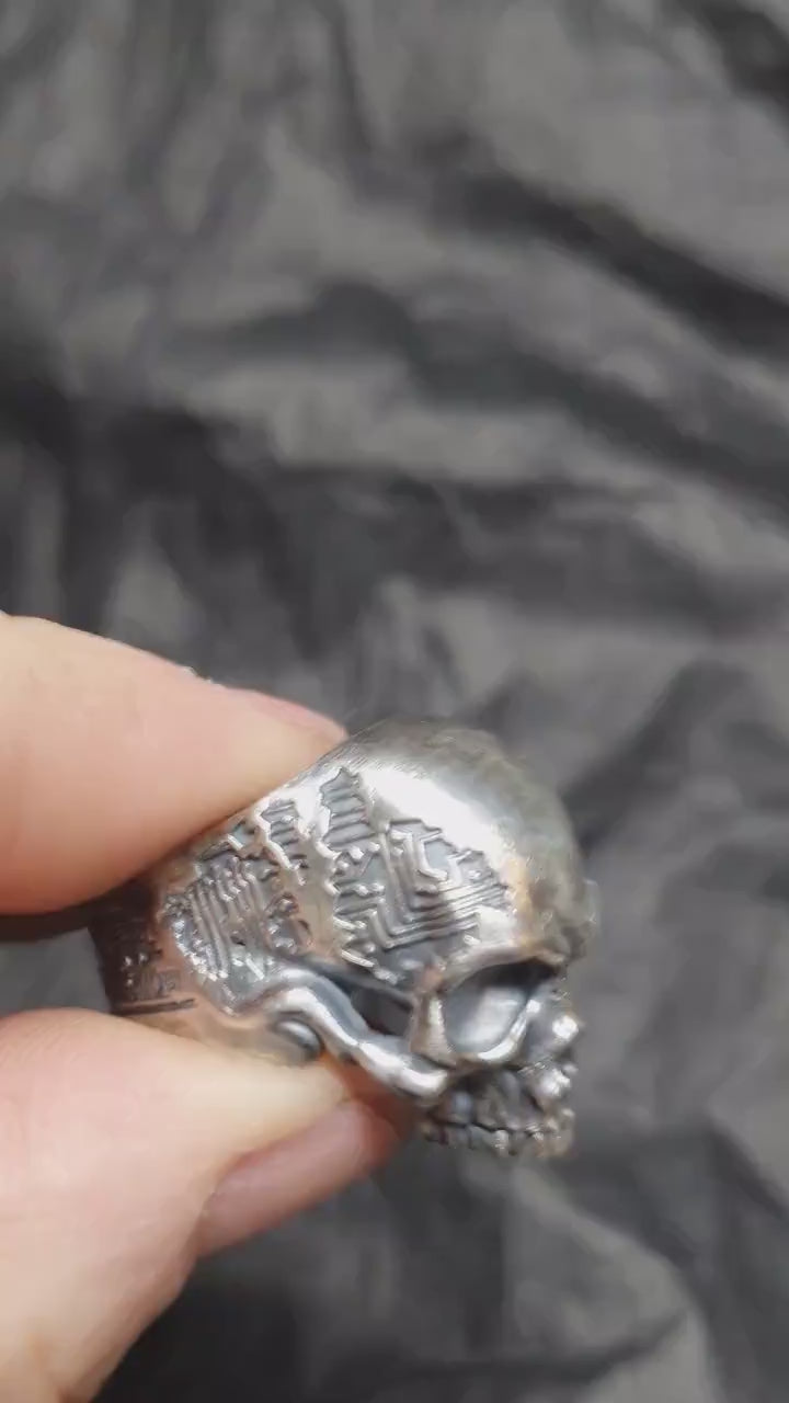 Cyborg skull ring, rocker bicker silver band