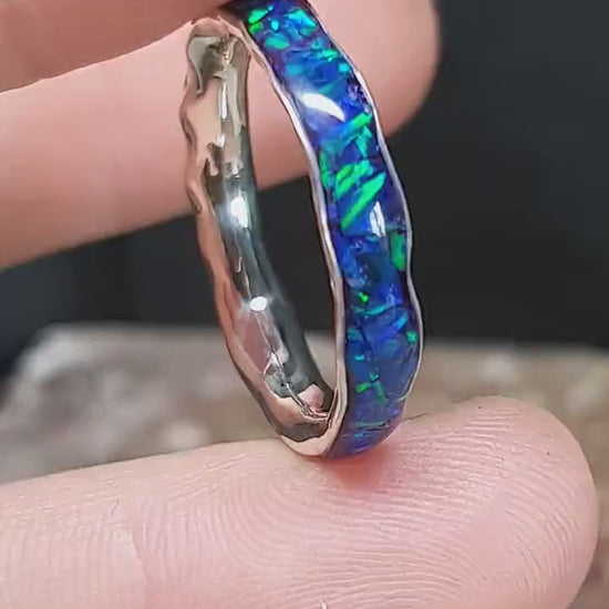 Opal inlay wave ring, blue crushed opal wedding ring, silver ring