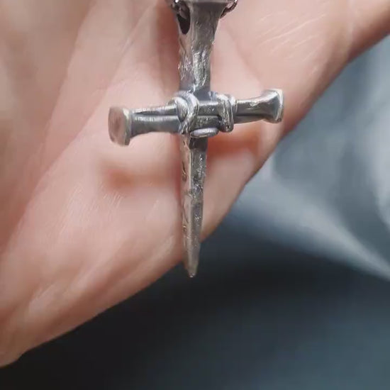 Sterling silver cross of nails, religious pendant, rustic simple cross