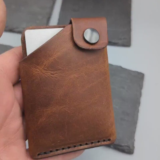 Brown Leather wallet ,minimalist style with hole for chain