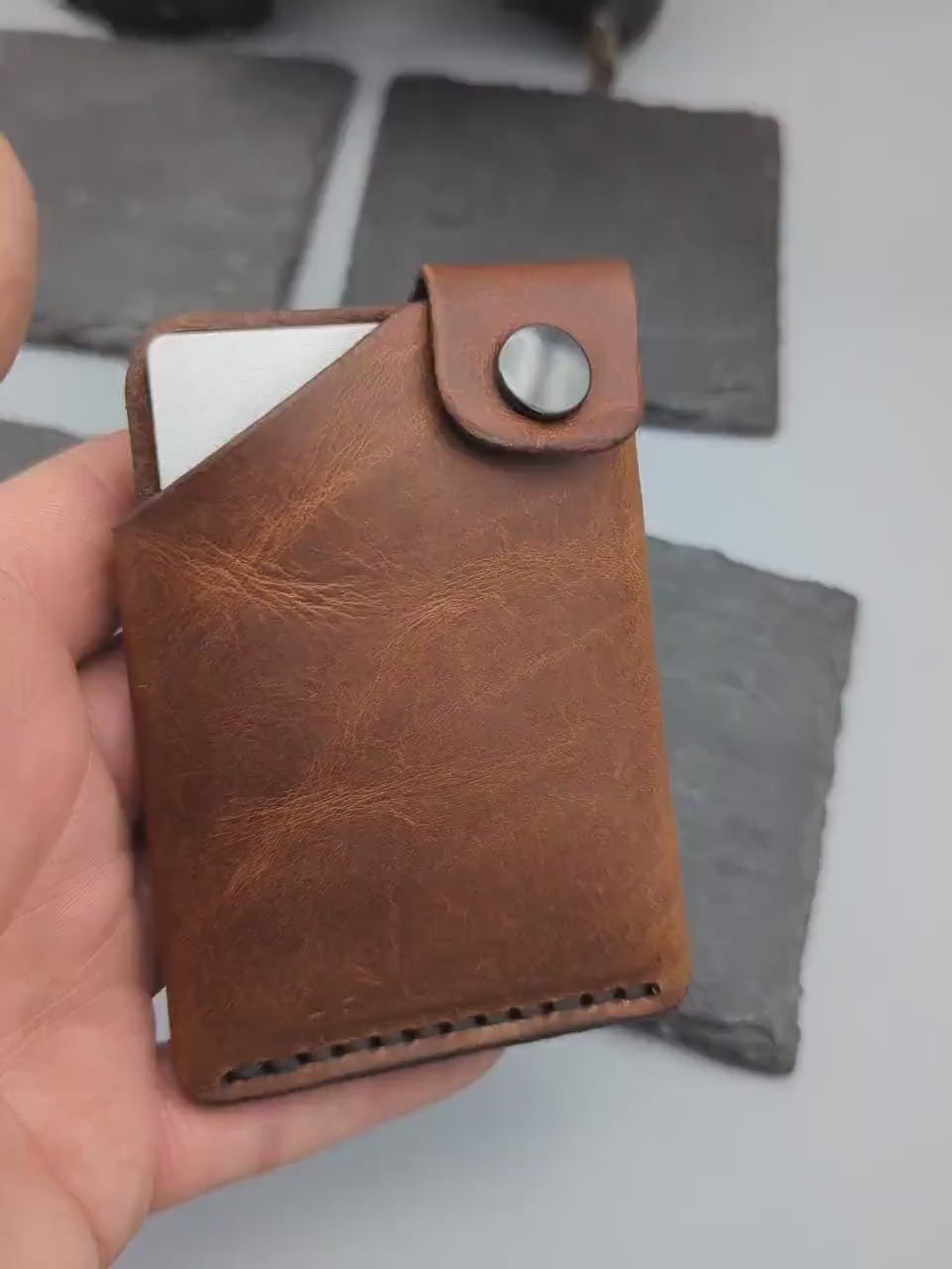 Brown Leather wallet ,minimalist style with hole for chain