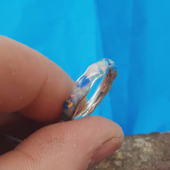 White opal, full inlay ring, blue opal flake band, unique women wedding ring