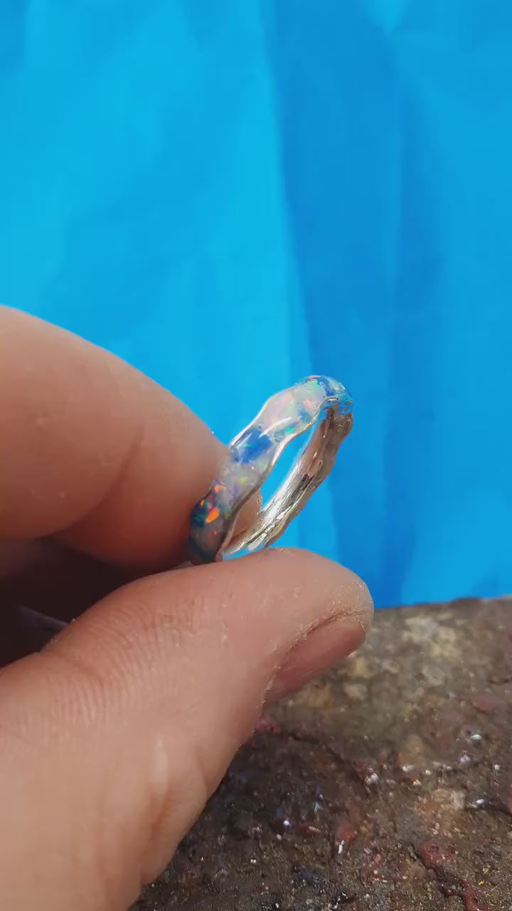 White opal, full inlay ring, blue opal flake band, unique women wedding ring